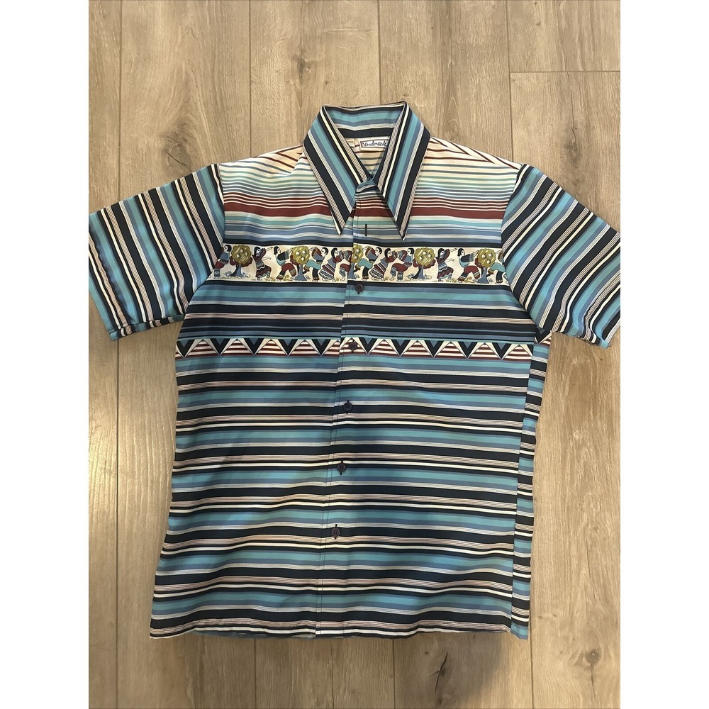 Vintage Landmark Hawaiian Button Down‎ Shirt Mens M 15-15.5 Blue Striped